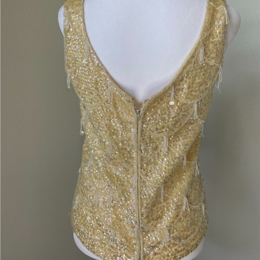 Vintage Sequin Fringe Top Large Cream Sparkle Flapper Costume Lined - Picture 2 of 5